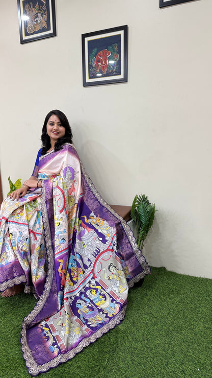 Dola Lichi Soft Silk Saree with Jacquard Jari Weaving, Pichwai Kalamkari Print and Sequins Lace Border