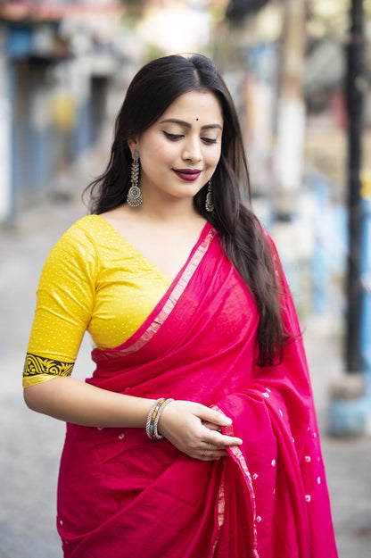 Chanderi Cotton Saree with Hand-Tied Bandhani and Block Printed Pallu – Festive Wear for Women