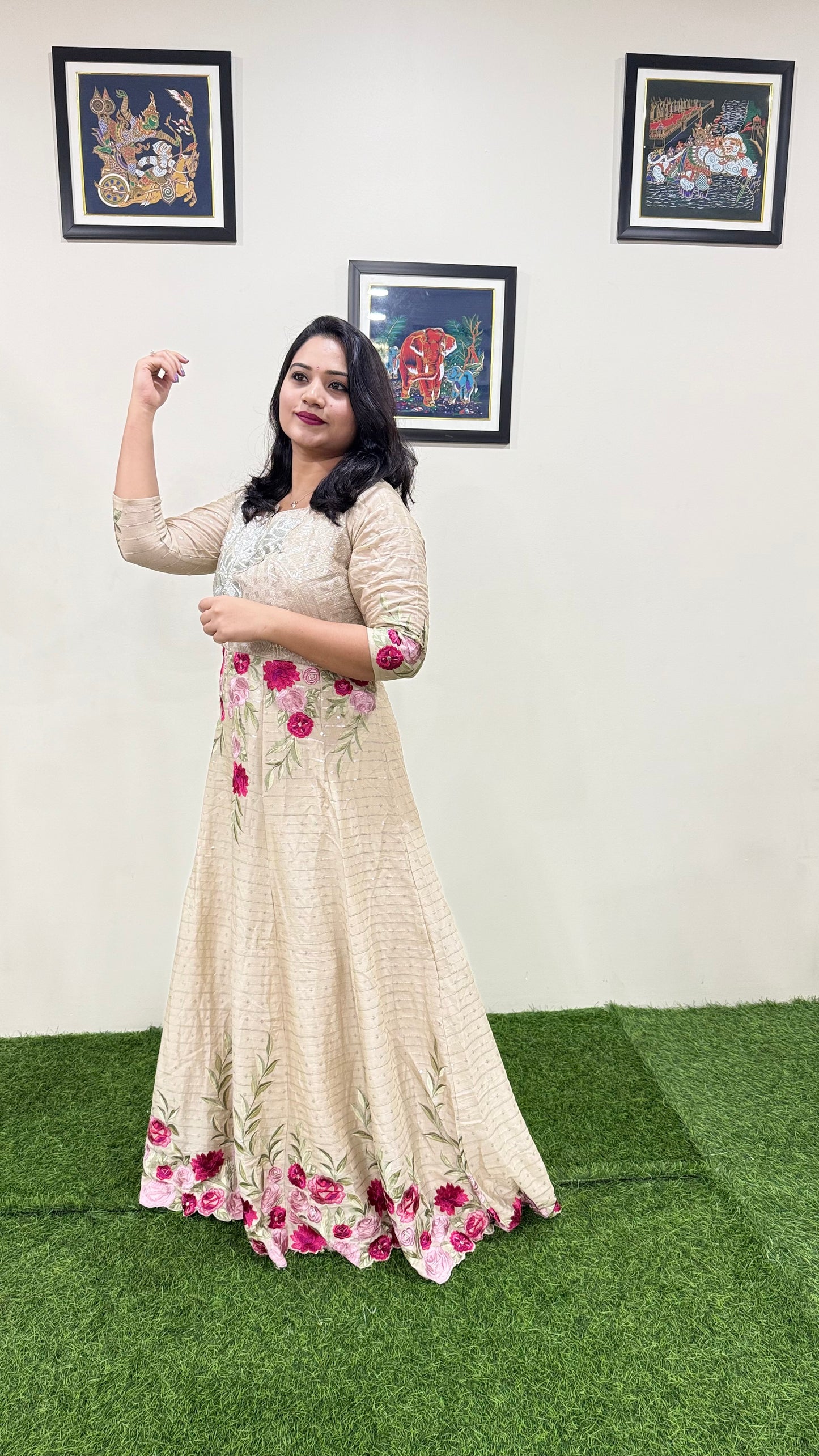 Real Chinon Silk Embroidered Ethnic Gown with Cancan and Tassel Detailing – Free Size Stitched