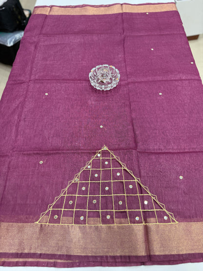 Pure Tissue 150 Count Linen Handloom Saree with Handwork and Running Blouse for Women