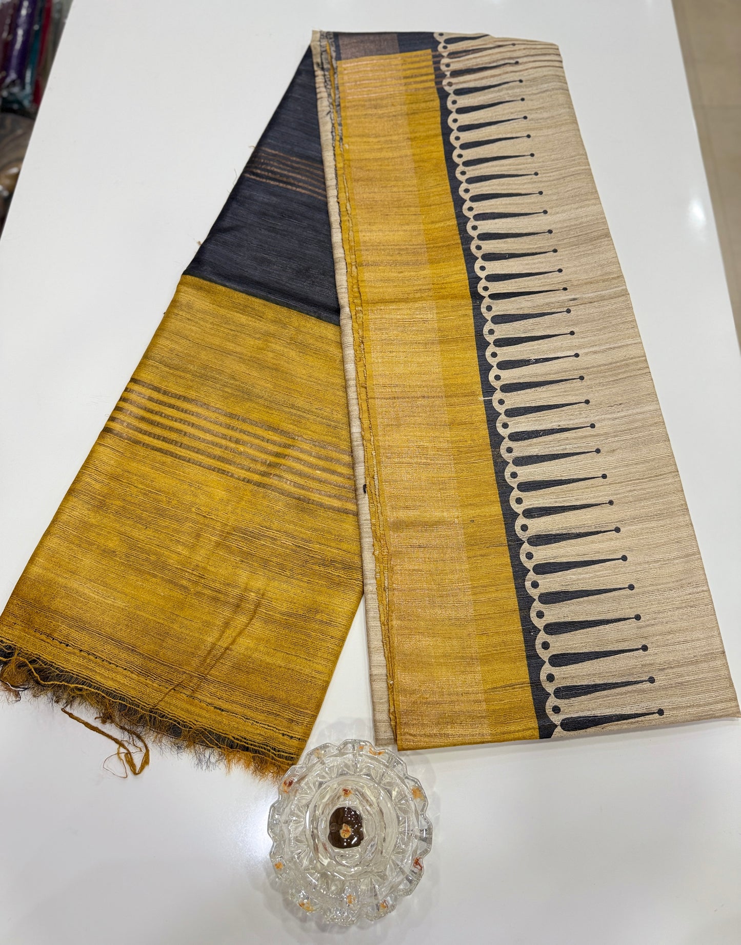 Pure Tussar Ghicha Silk Saree with Zari Border and Printed Design – Silk Mark Certified Handloom Saree