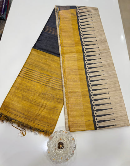 Pure Tussar Ghicha Silk Saree with Zari Border and Printed Design – Silk Mark Certified Handloom Saree