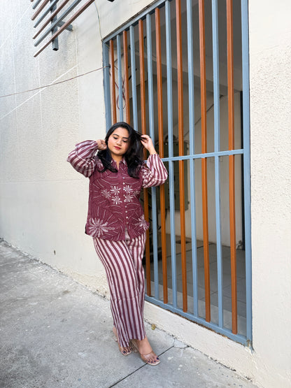 Women’s cotton striped hand-embroidered shirt and wide-leg pant co-ord set, wine and grey, size 38–44