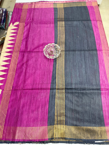 Pure Tussar Ghicha Silk Saree with Zari Border and Printed Design – Silk Mark Certified Handloom Saree