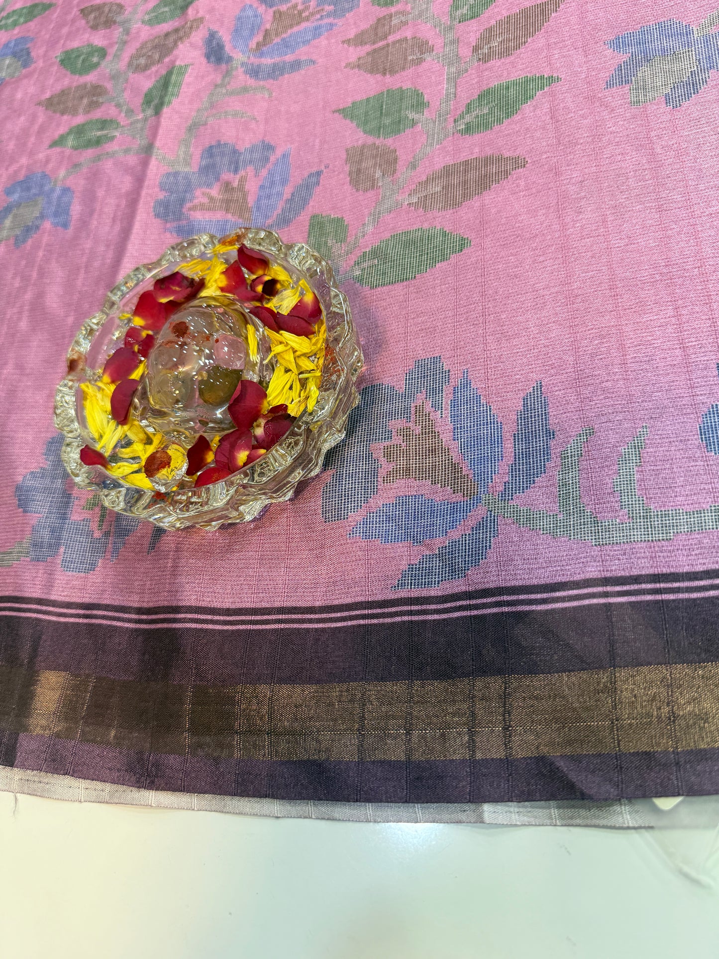 Raw tussar silk saree with smart floral design and soft marmo finish, printed border saree