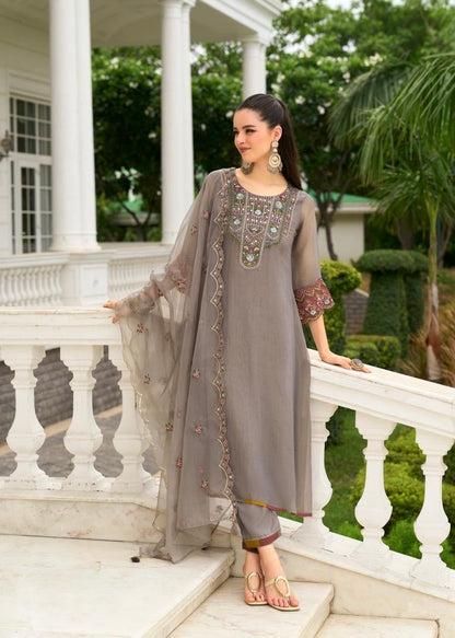 Organza Crush 3-Piece Suit Set with Embroidery, Handwork and Muslin Inner for Women