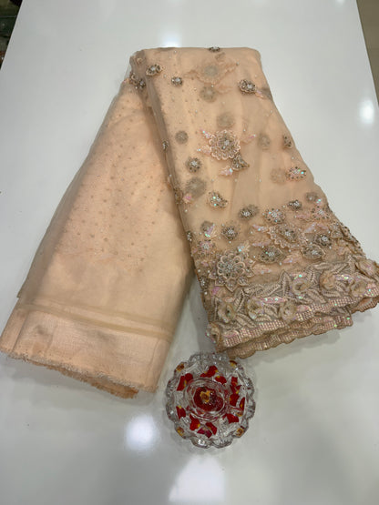 Champagne Gold Sequin Embroidered Saree for Women – Fancy Designer Fabric with 3D Floral and Crystal Work