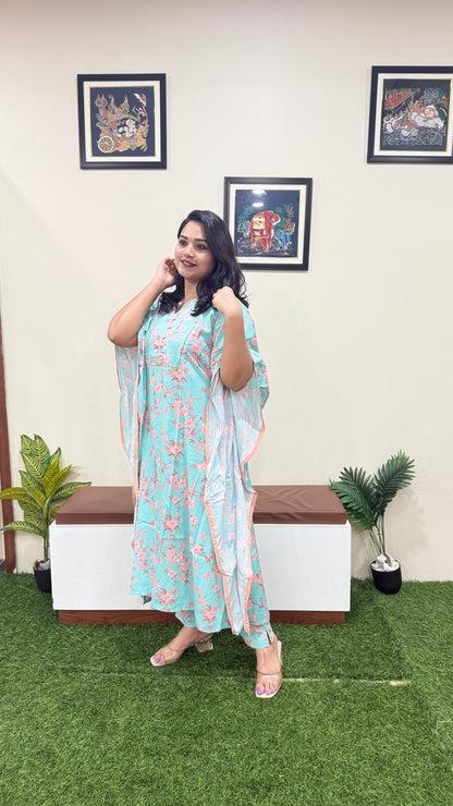 Sea Green Crepe Digital Printed Co-ord Set for Women | Flowy Kaftan Style | Summer Wear