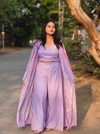 Women’s Georgette Chevron Print 3-Piece Set with Jacket – Sizes L, XL & 2XL