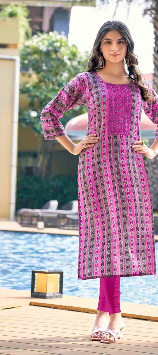 Heavy Rayon Foil Printed Kurti with Sequin Embroidery for Women – XL to 3XL