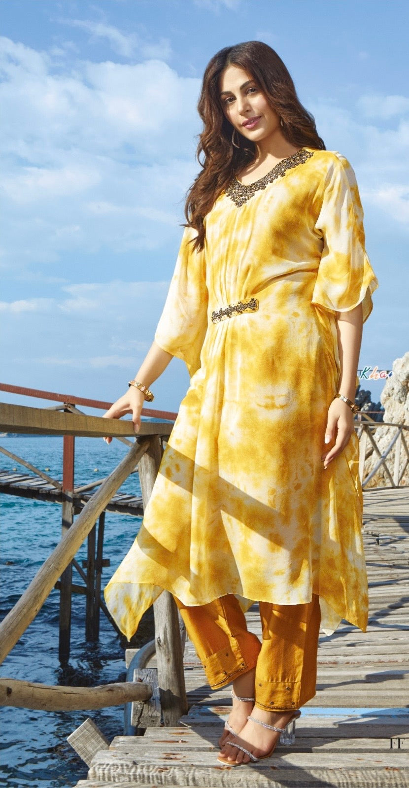 Pure Georgette Kaftan with Cotton Satin Pant and Hand Work for Women