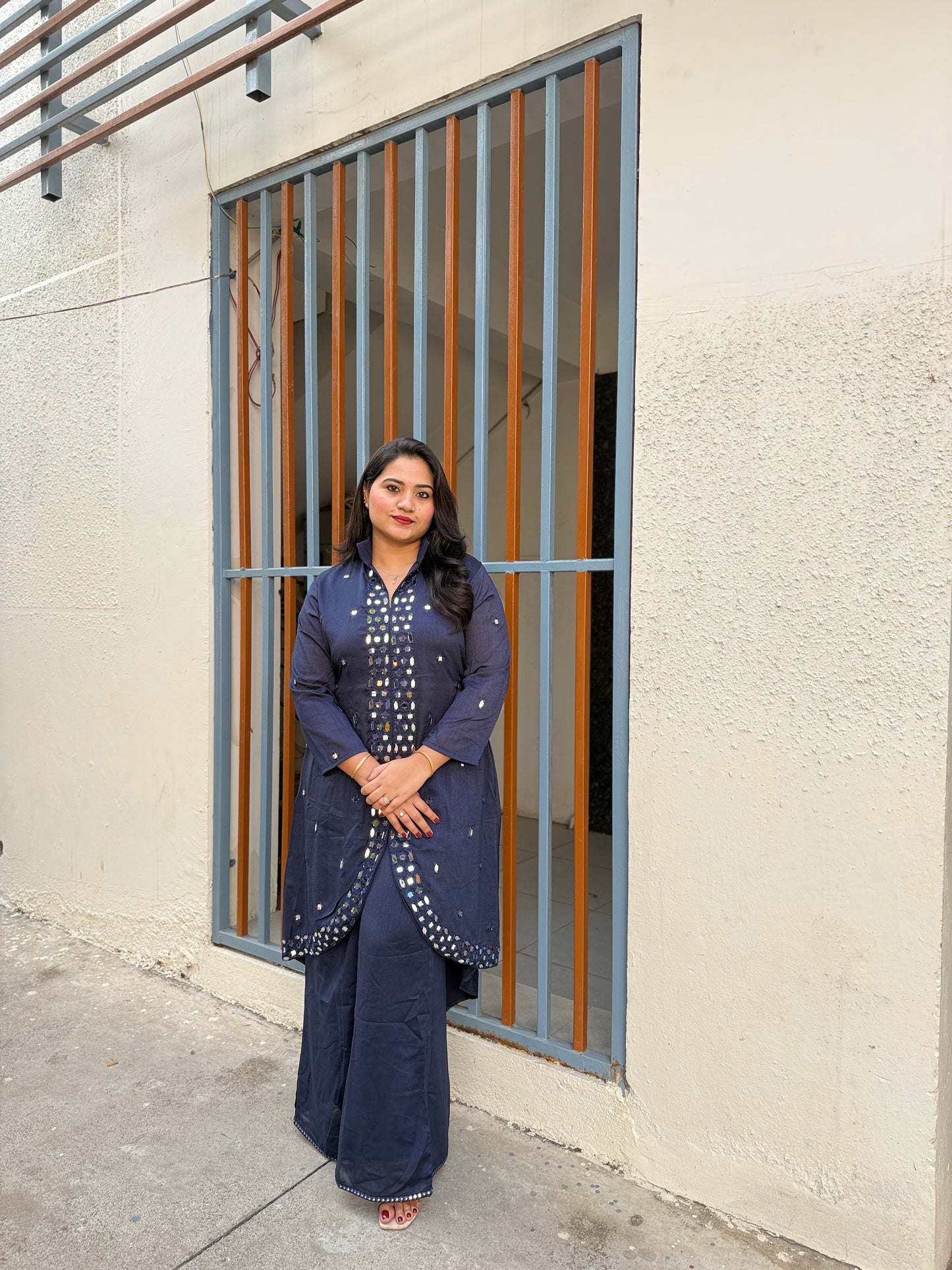 Navy Blue Real Silk Mirror Work Kurta Palazzo Set for Women – Asymmetrical Designer Festive Outfit (XL)