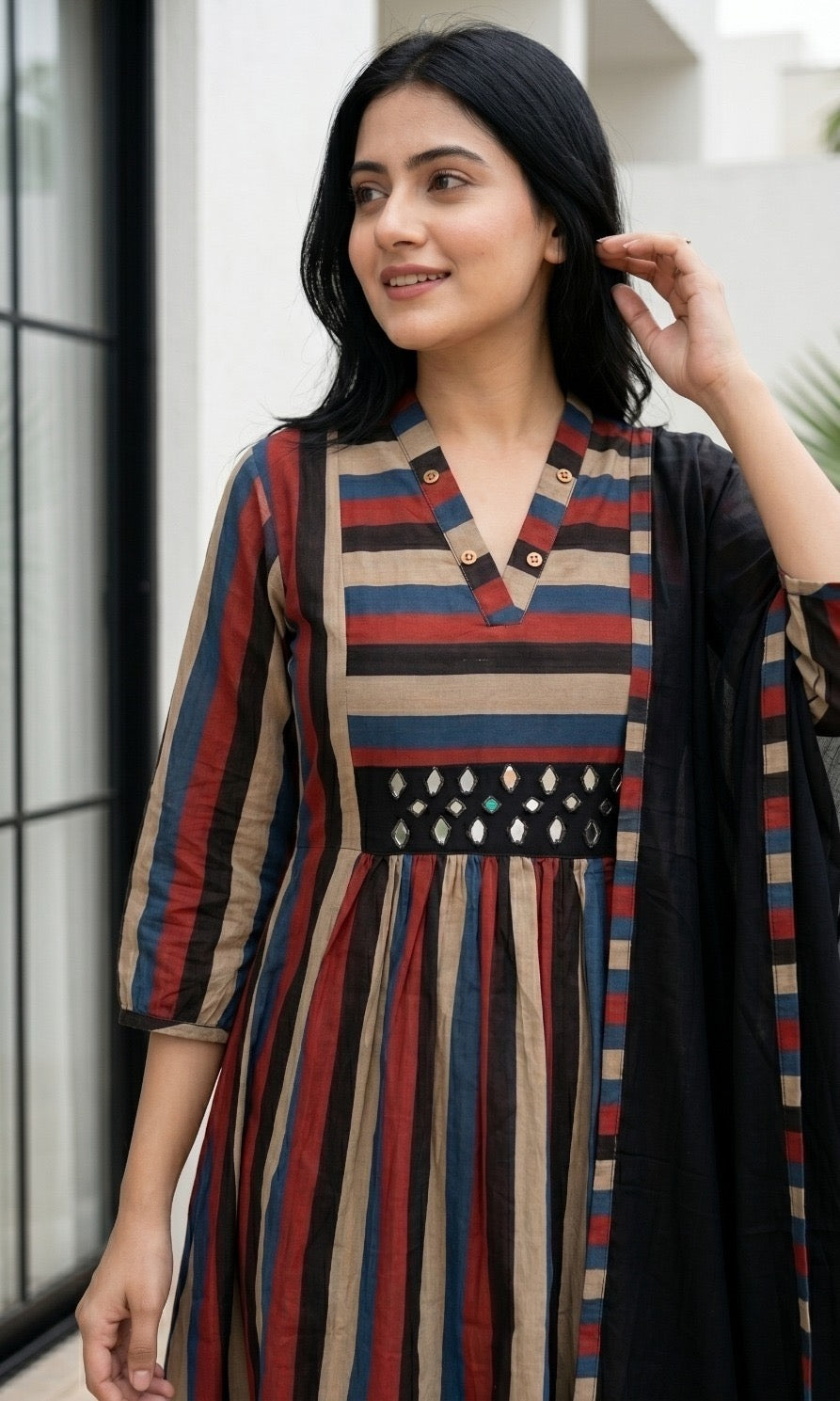 Printed Cotton Mirror Work Kurta Pant Dupatta Set Black Maroon Stripes