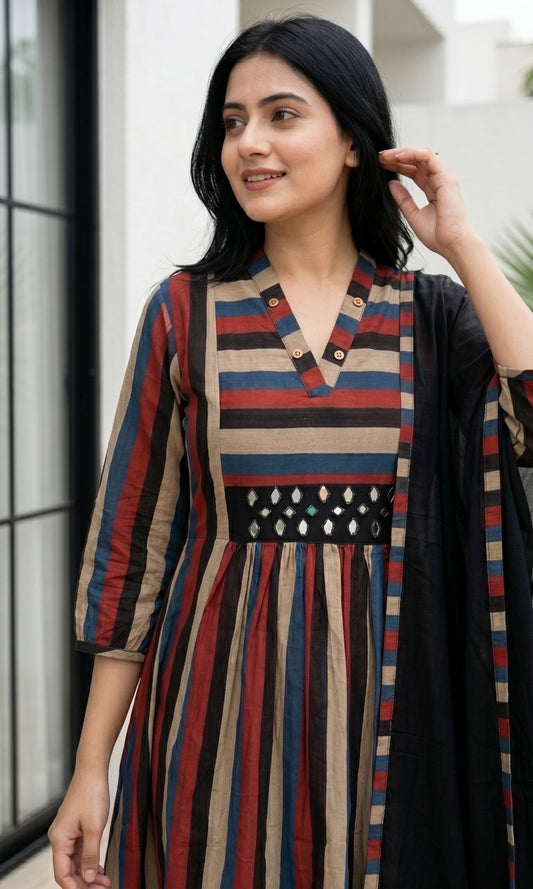 Printed Cotton Mirror Work Kurta Pant Dupatta Set Black Maroon Stripes