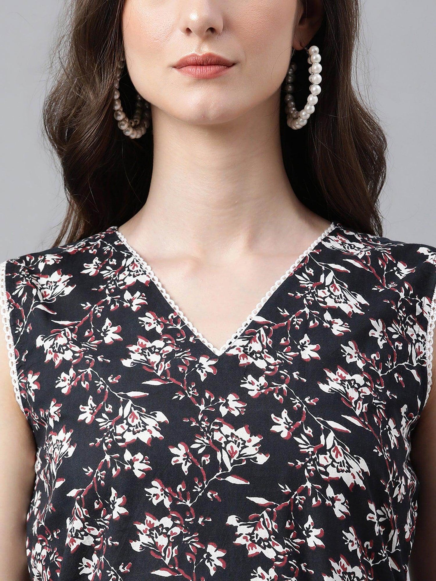 Black and white floral block printed cotton sleeveless kurta with palazzo set for women
