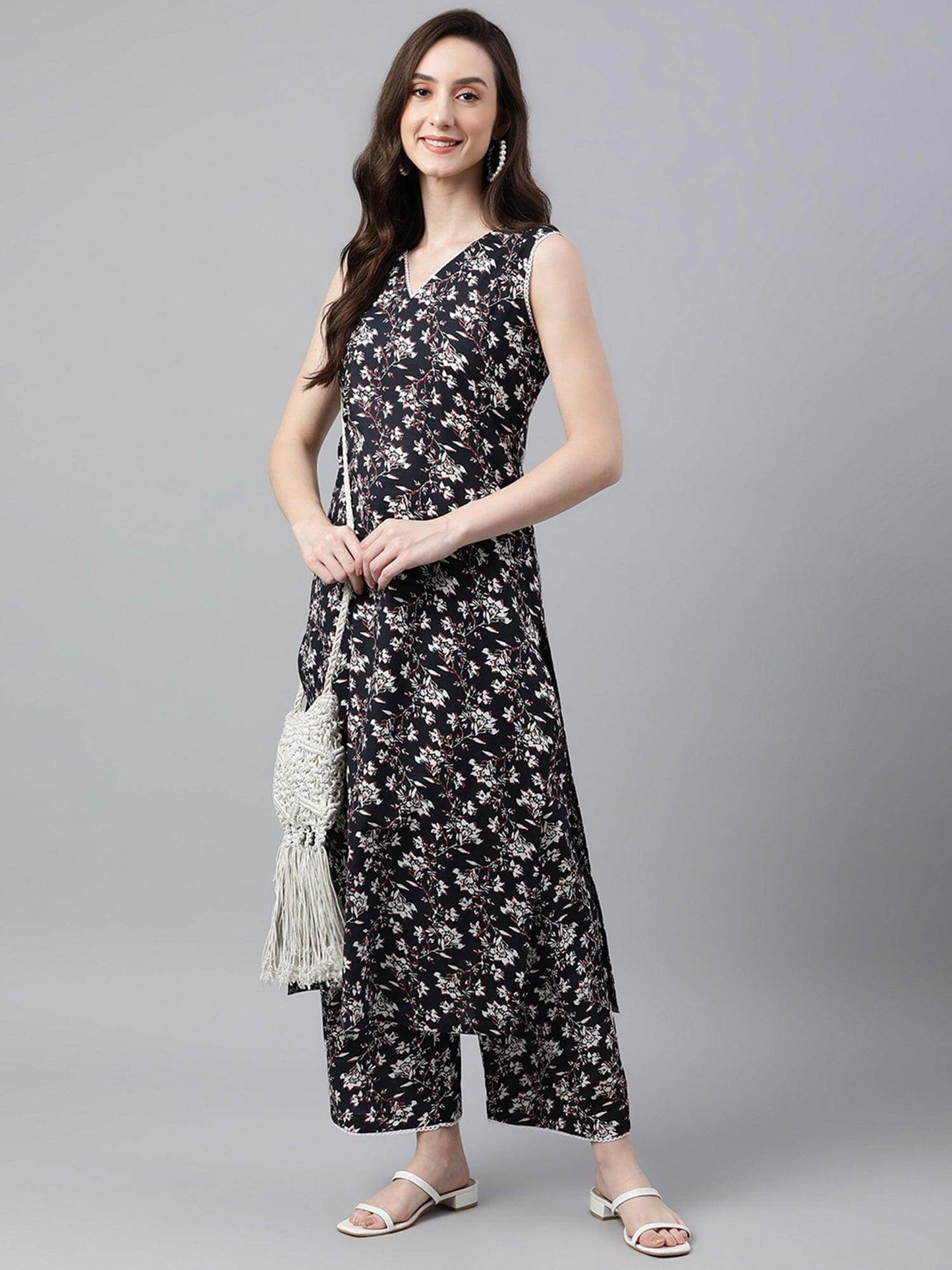 Black and white floral block printed cotton sleeveless kurta with palazzo set for women