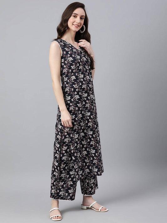 Black and white floral block printed cotton sleeveless kurta with palazzo set for women