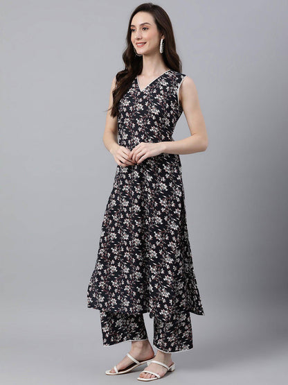 Black and white floral block printed cotton sleeveless kurta with palazzo set for women