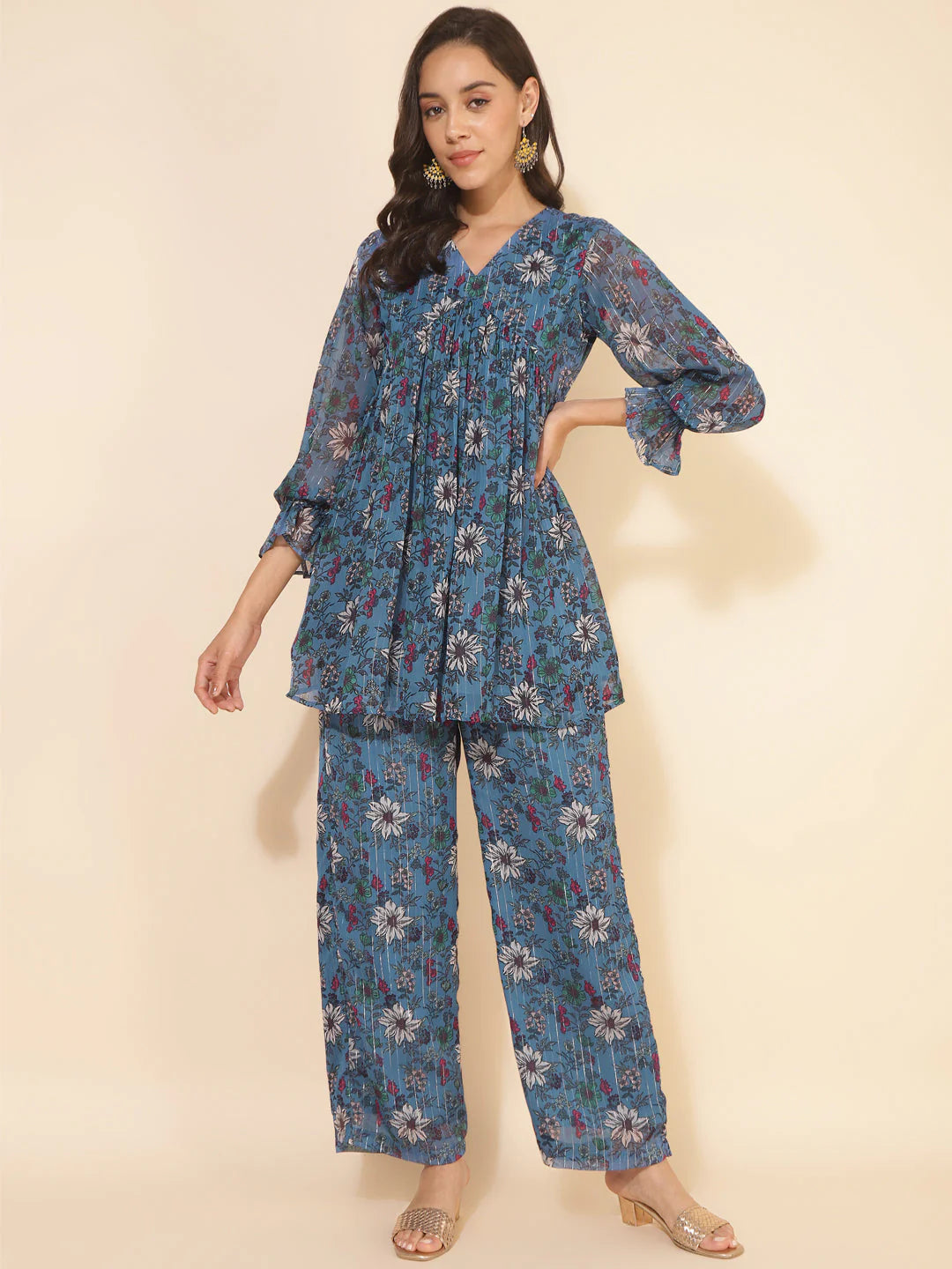 Blue chiffon lurex floral printed top and pant co-ord set for women with puff sleeves – casual flared outfit