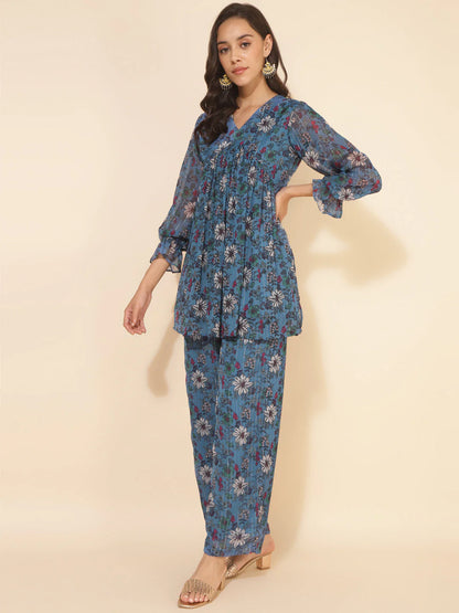 Blue chiffon lurex floral printed top and pant co-ord set for women with puff sleeves – casual flared outfit