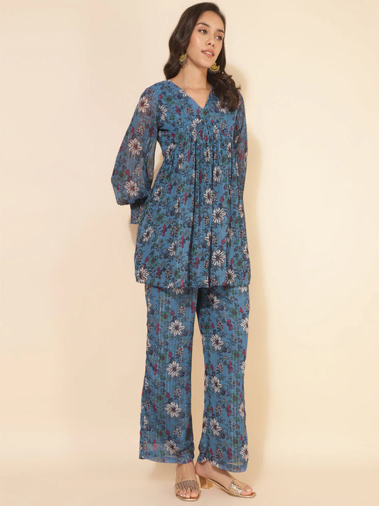 Blue chiffon lurex floral printed top and pant co-ord set for women with puff sleeves – casual flared outfit