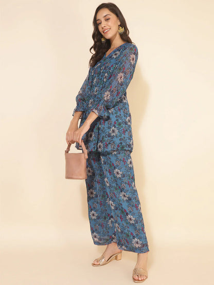 Blue chiffon lurex floral printed top and pant co-ord set for women with puff sleeves – casual flared outfit