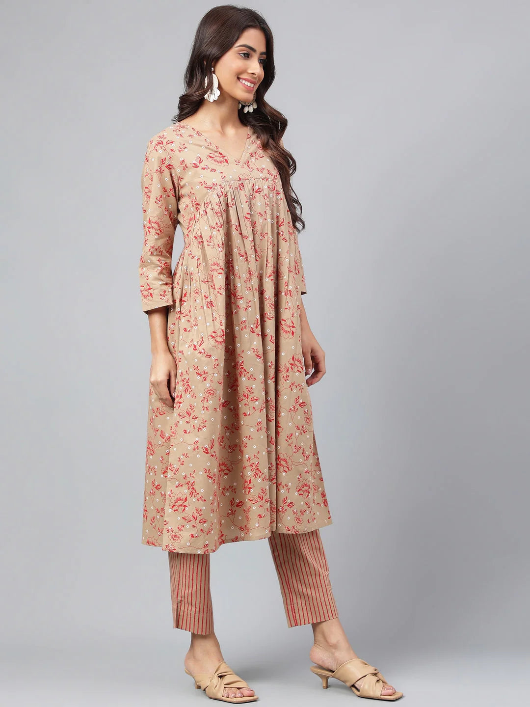 Brown Cotton Floral Printed Gathered Kurta with Striped Pant Set for Women