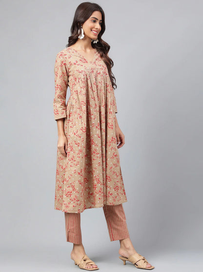 Brown Cotton Floral Printed Gathered Kurta with Striped Pant Set for Women