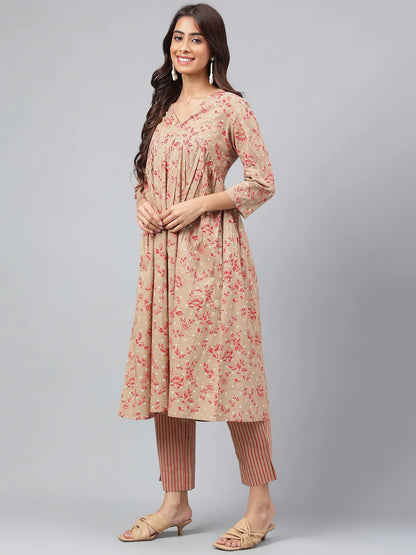 Brown Cotton Floral Printed Gathered Kurta with Striped Pant Set for Women