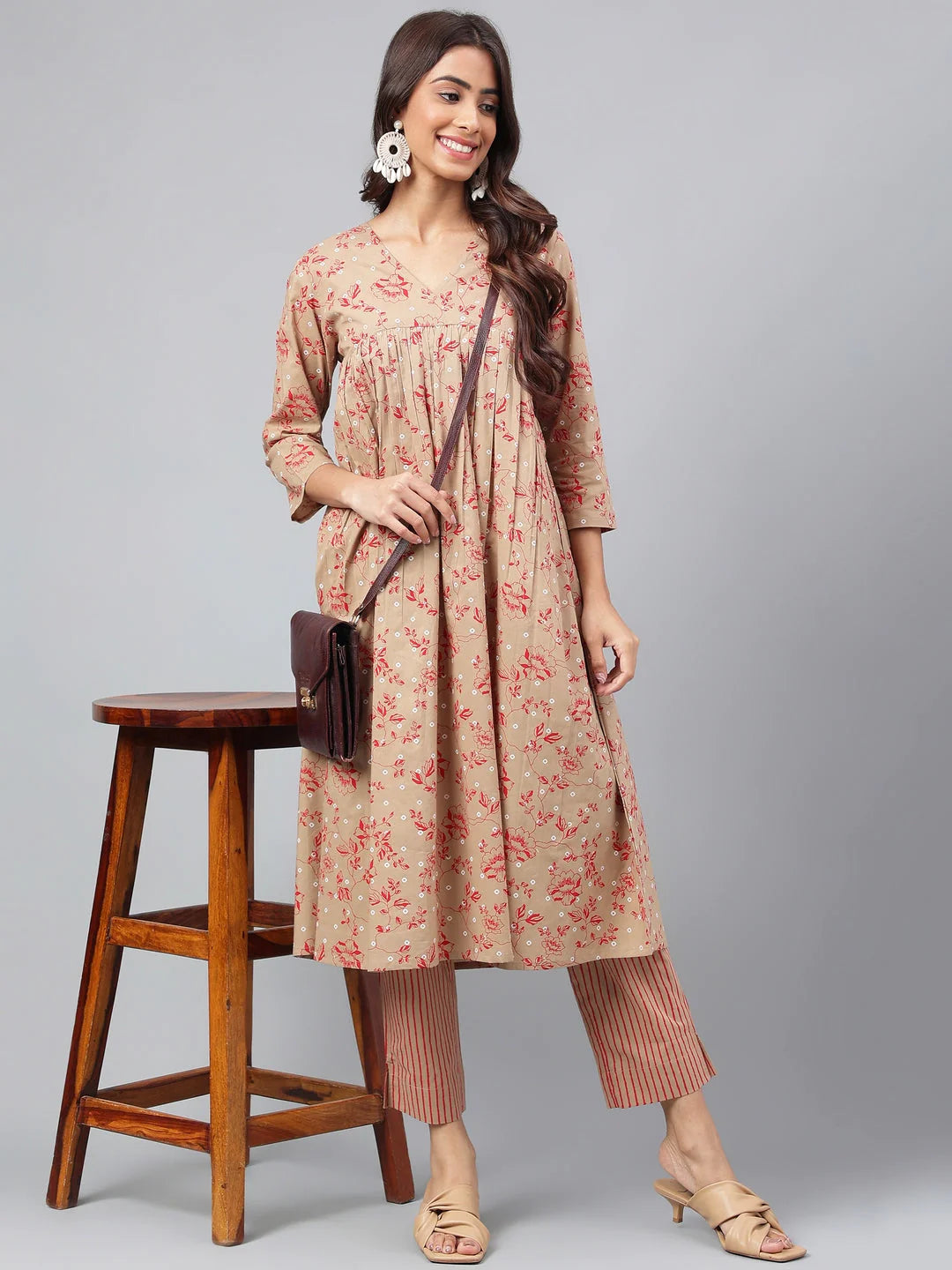 Brown Cotton Floral Printed Gathered Kurta with Striped Pant Set for Women