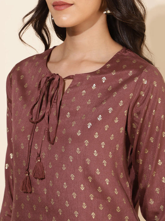 Brown crepe silk foil printed co-ord set for women – festive wear top with full sleeves and pants