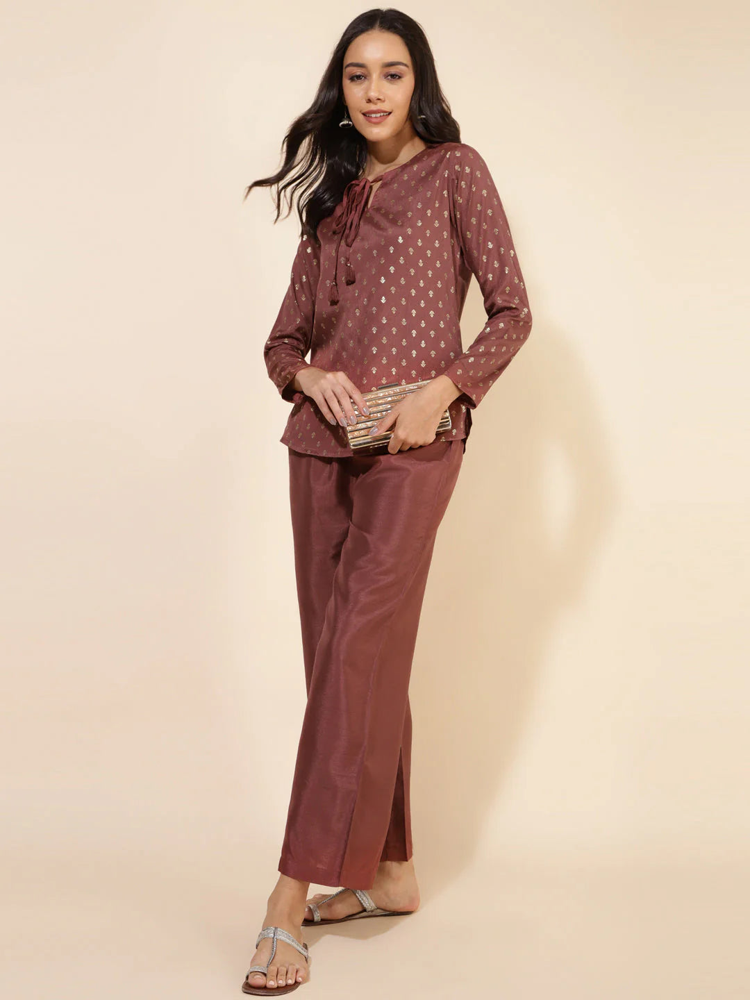 Brown crepe silk foil printed co-ord set for women – festive wear top with full sleeves and pants
