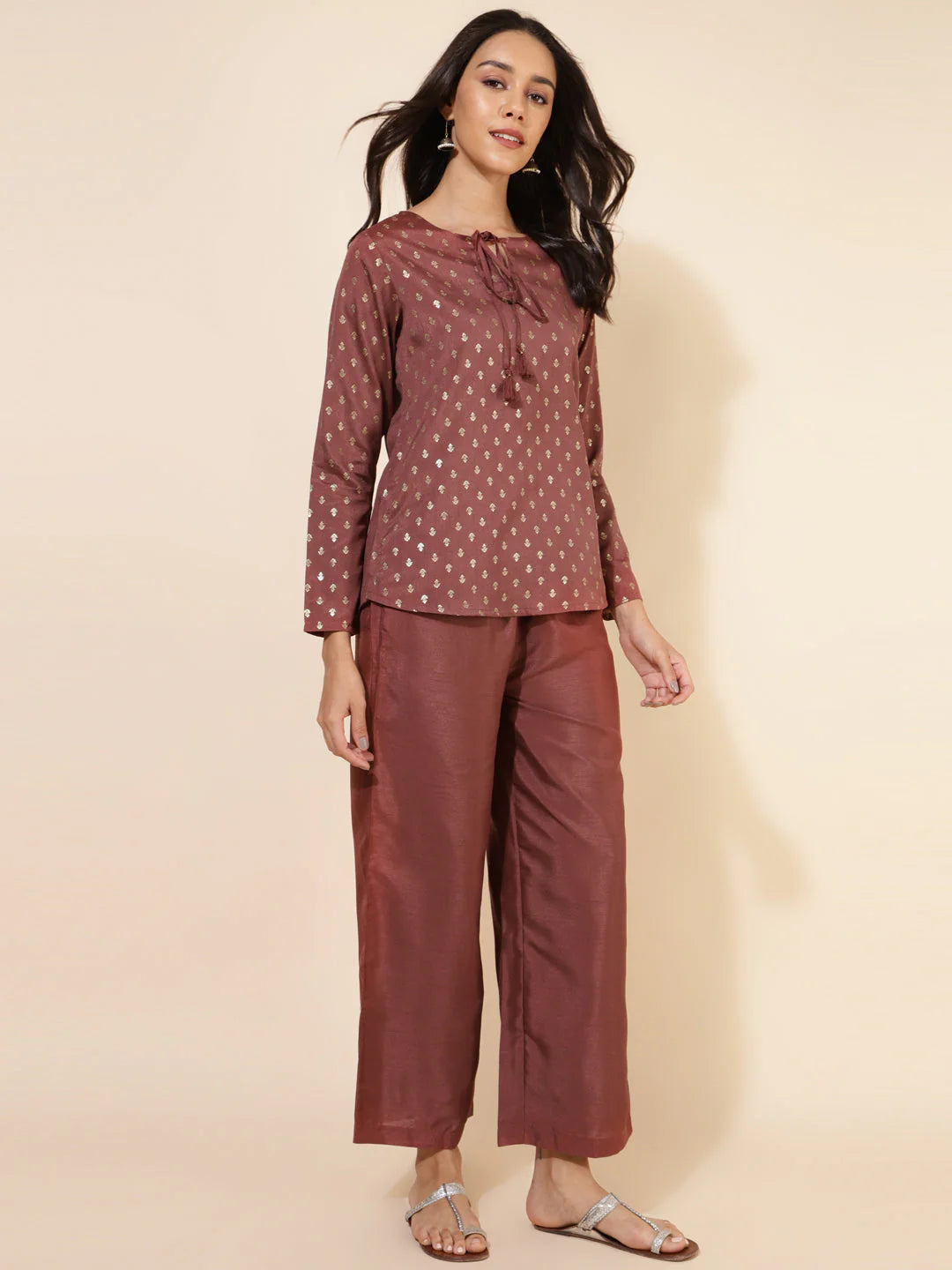 Brown crepe silk foil printed co-ord set for women – festive wear top with full sleeves and pants