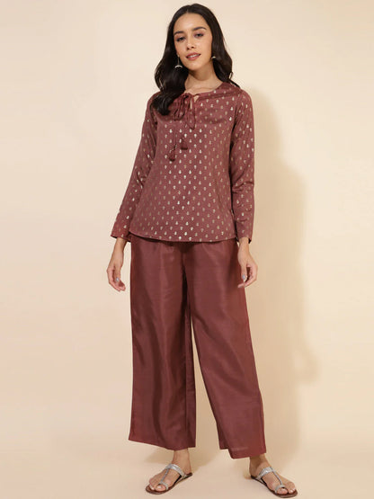 Brown crepe silk foil printed co-ord set for women – festive wear top with full sleeves and pants
