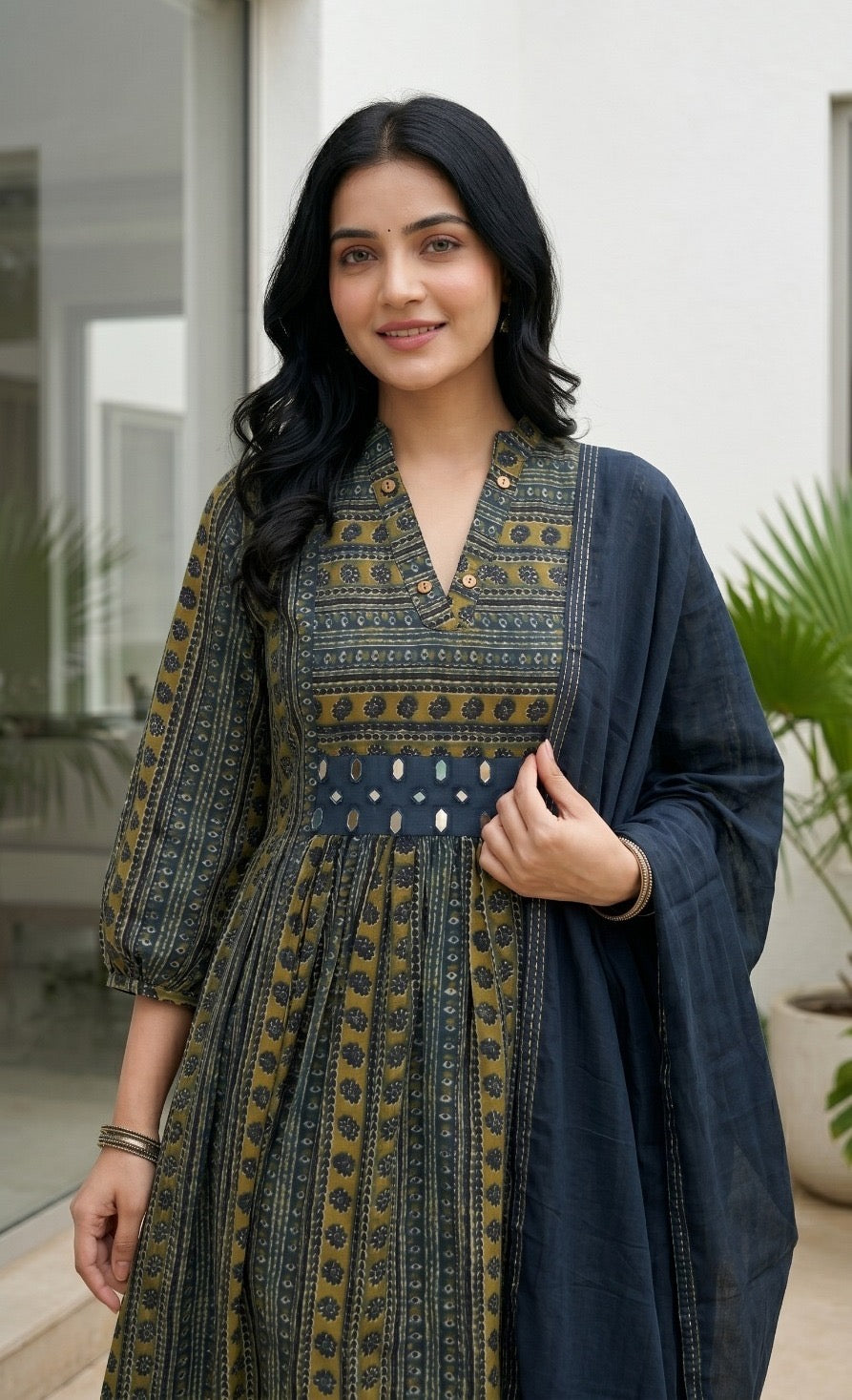 Printed Cotton Mirror Work Kurta Pant Dupatta Set Olive Navy