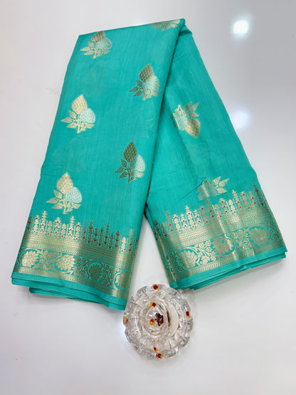 Handloom Chhiniya Silk Saree in Sea Green with Meenakari Zari Weaving and Buta Motifs for Women