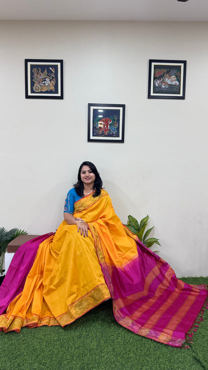 Venkatagiri Silk Cotton Saree with Zari Pochampally Border, Contrast Pallu and Blouse for Women