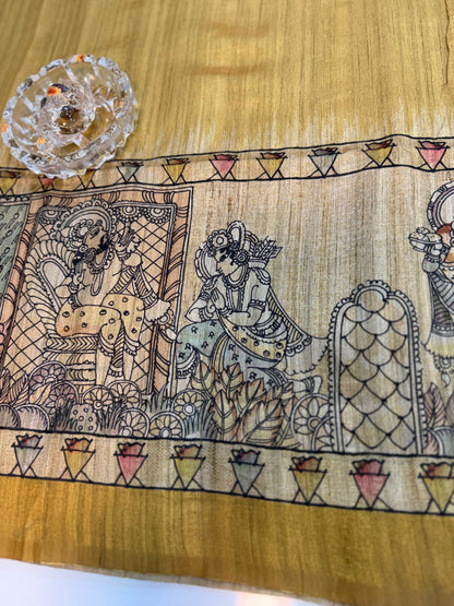 Spider Silk Saree with Folk Art Print Border and Tassel Pallu