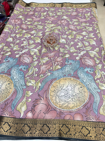 Silk blend printed saree with floral and bird motifs, zari border, women’s festive wear saree
