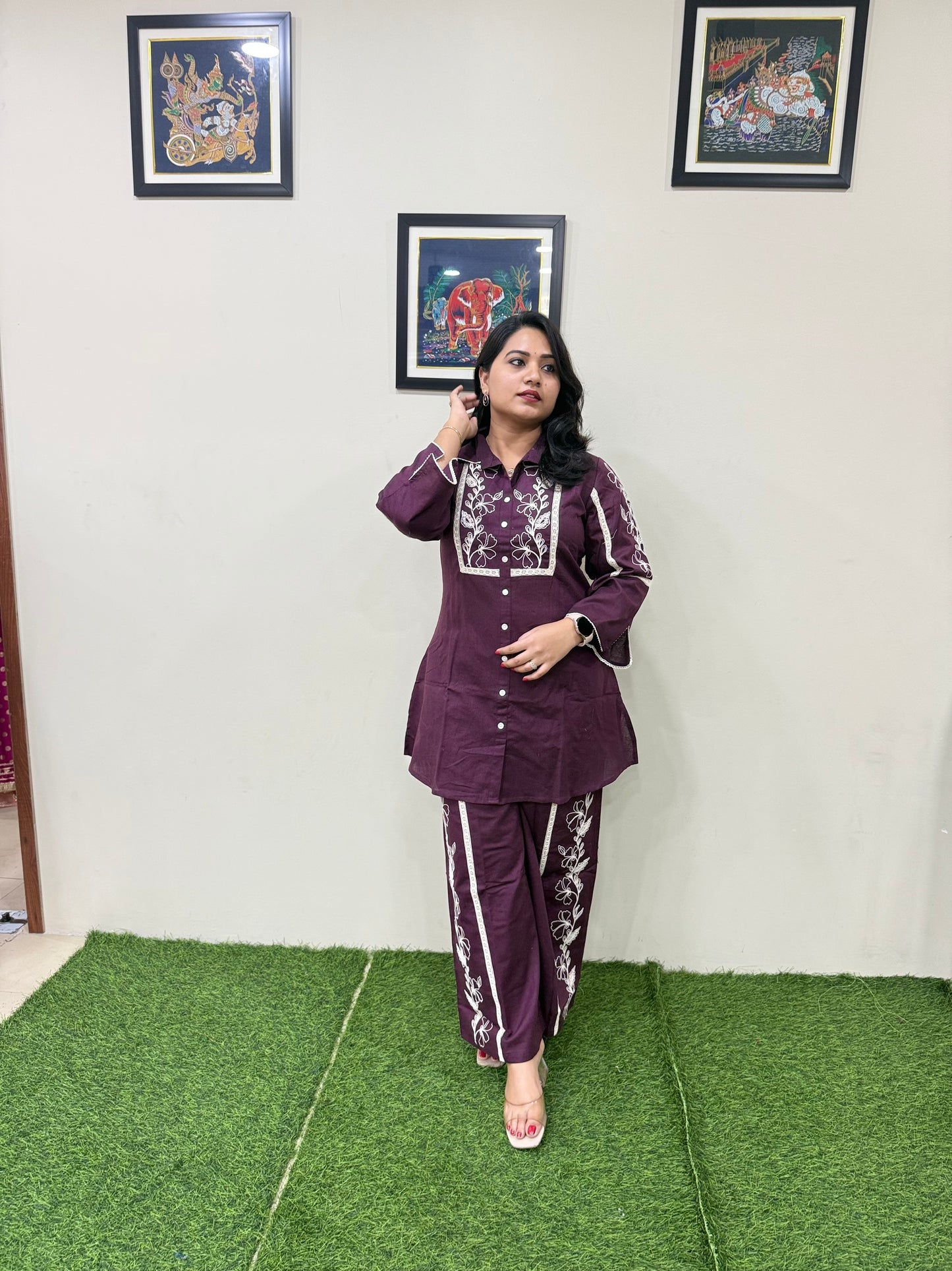 Wine Cotton Flex Co-Ord Set for Women with Embroidery and Lace Work – Shirt Top and Flared Palazzo