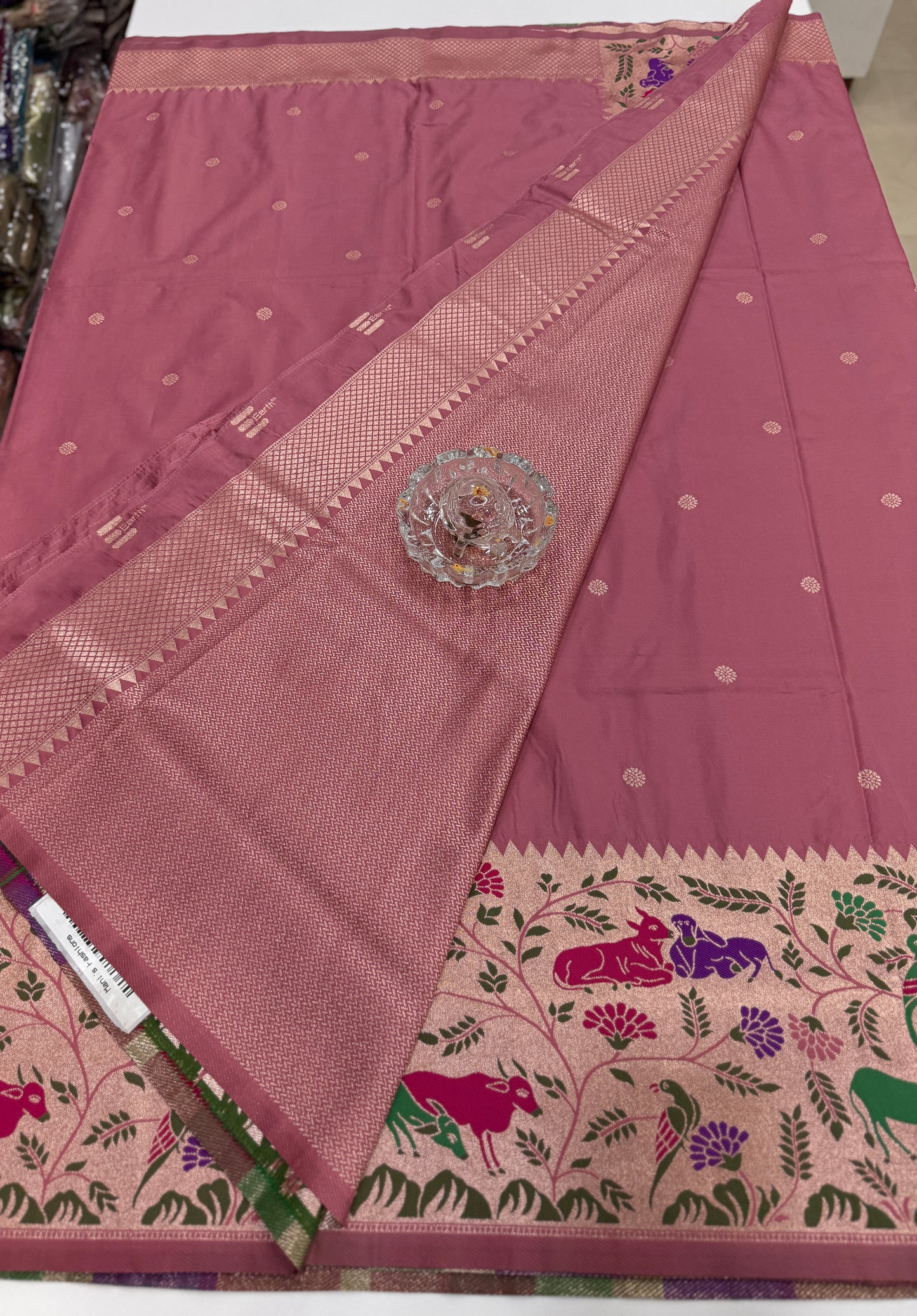 Paithani printed soft silk saree with zari-style border and contrast blouse for women