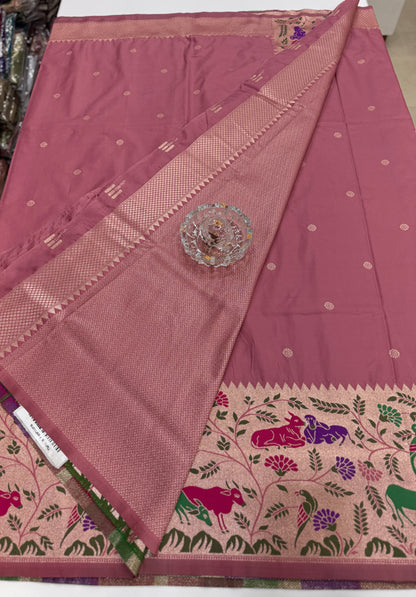 Paithani printed soft silk saree with zari-style border and contrast blouse for women