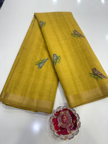 Ghicha cotton saree with bird motif pallu and tassel border, printed cotton saree for women