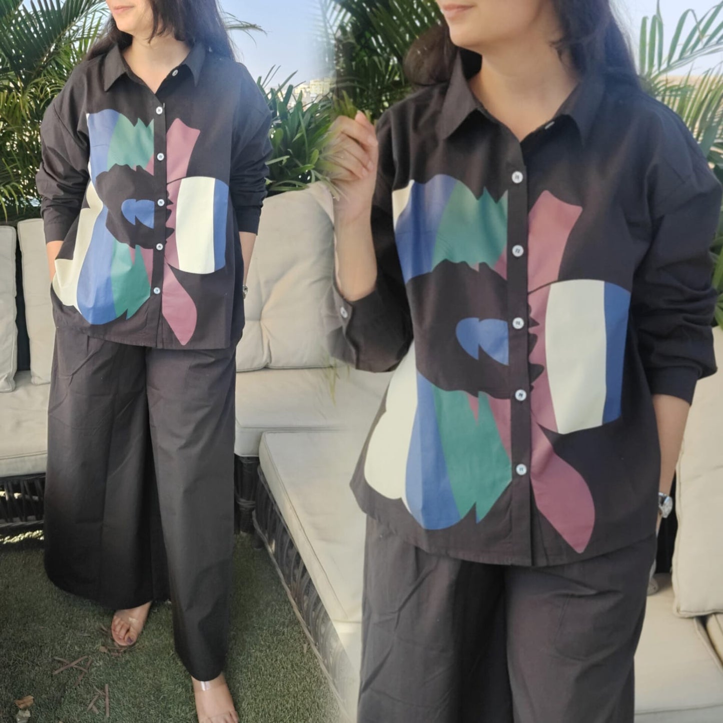 Premium Poplin Co-ord Set for Women with Abstract Print Shirt and Wide-Leg Pants – Smart Casual Outfit