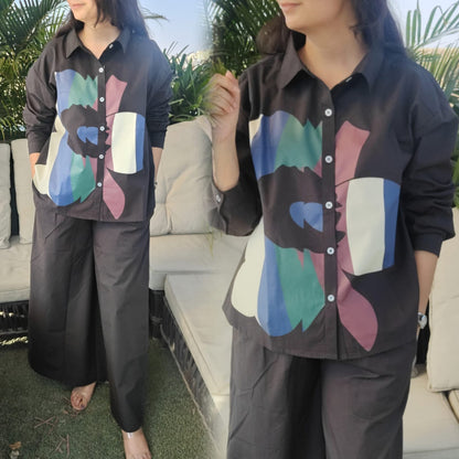 Premium Poplin Co-ord Set for Women with Abstract Print Shirt and Wide-Leg Pants – Smart Casual Outfit
