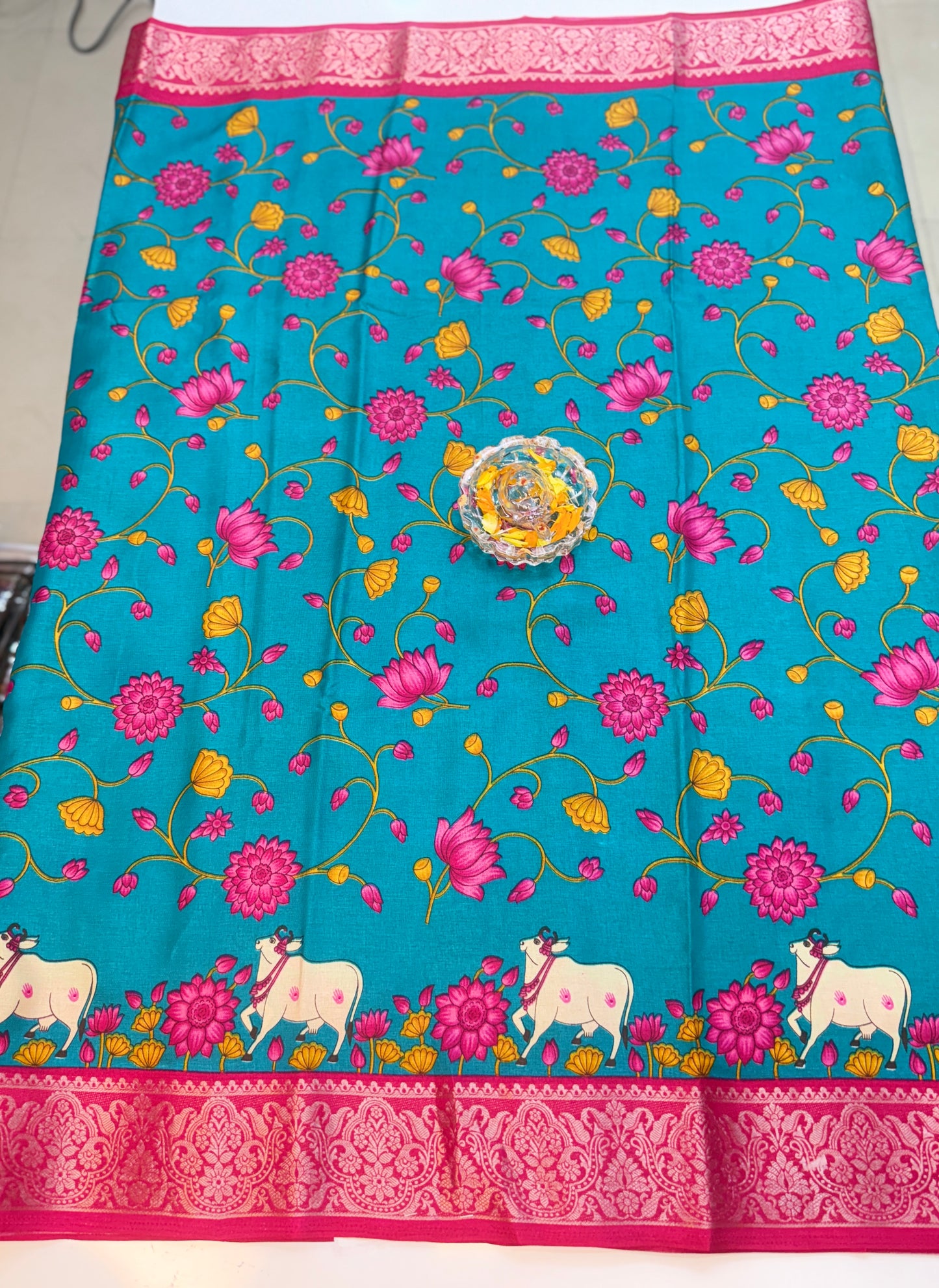 Madrasi Cotton Silk Saree with Cultural Print Motifs and Matching Blouse Piece for Women