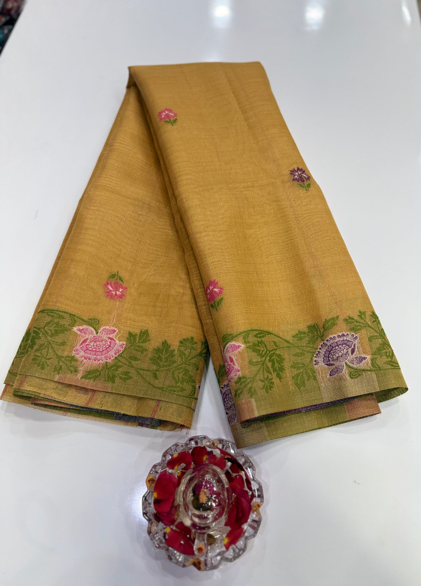 Tissue chanderi saree with floral border and tassel pallu, pastel printed saree for women
