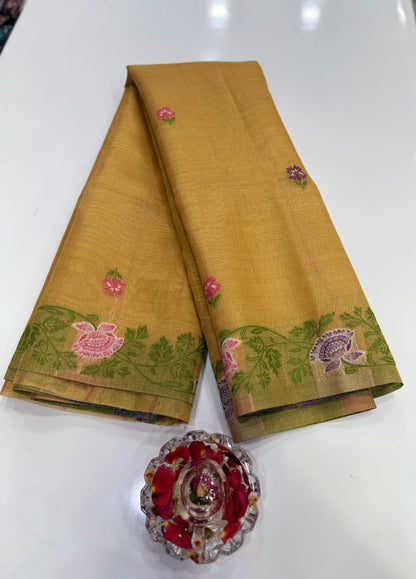 Tissue chanderi saree with floral border and tassel pallu, pastel printed saree for women