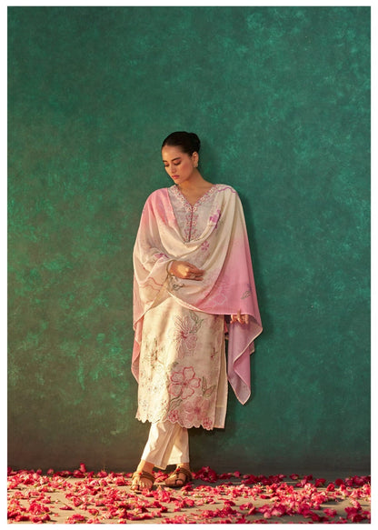 Linen Kurta Pant Dupatta Set with Embroidery and Scalloped Detailing for Women