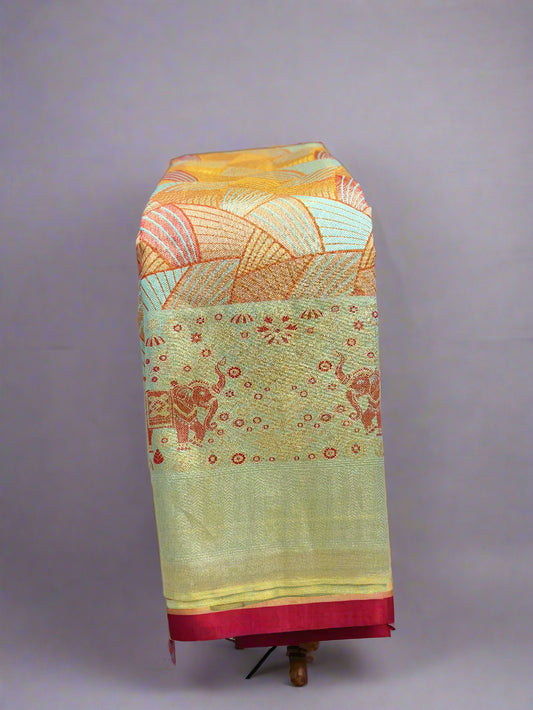 Pure Silk Handloom Saree with Elephant Motifs and Geometric Zari Weaving – Bridal & Festive Wear